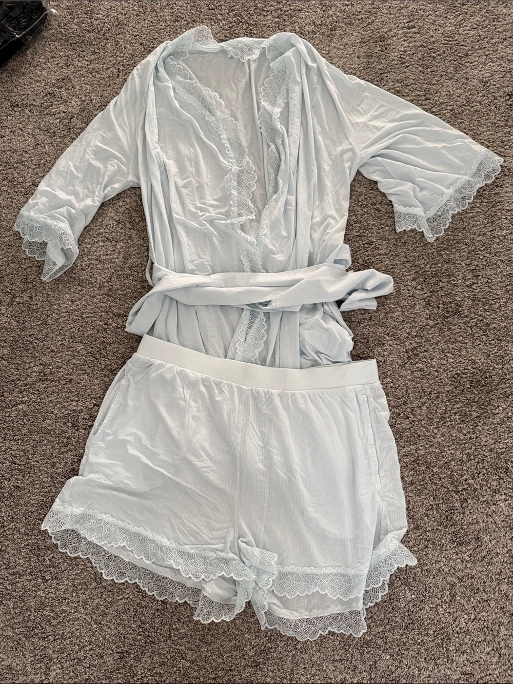 Tommy John Pale Blue Lace-Trim 3 piece Sleep Set Robe, tank top & Shorts M/L